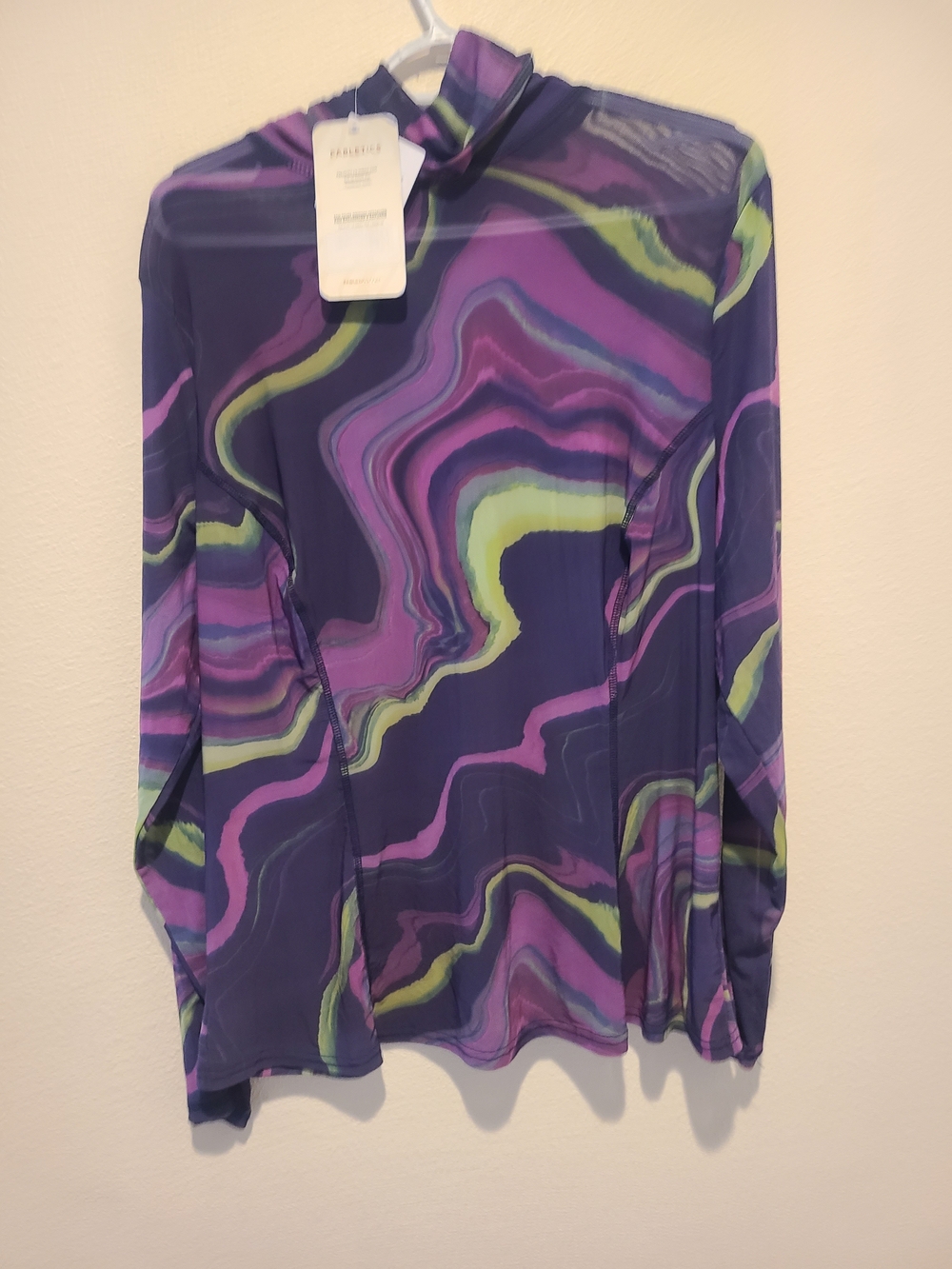 Fabletics Purple Swirl Mock Neck Long Sleeve Top with Lime Accents